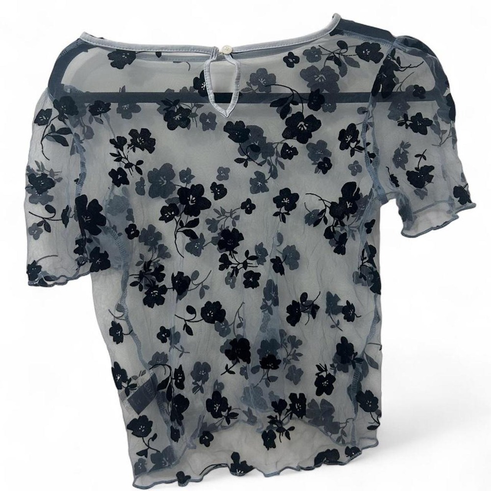 Dazy Womens Sheer Mesh Floral Top Blue Black‎ Short Sleeve Lettuce Trim Size M